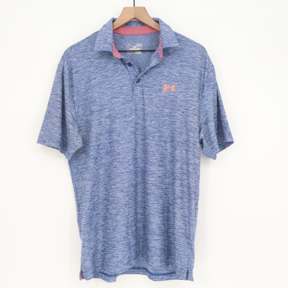 Under Armour Polo Shirt Mens Medium HeatGear Blue Space Dye Loose Fit Excellent